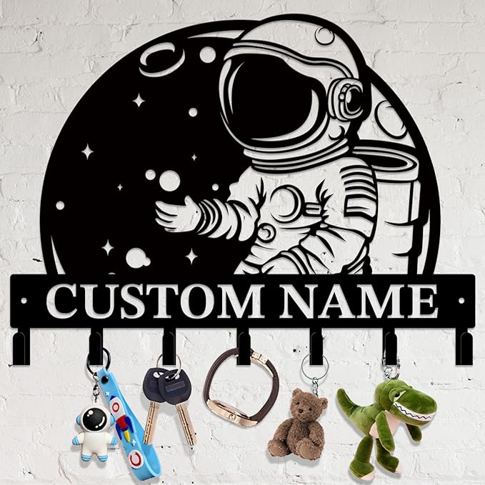 Personalized Custom Astronaut UFO Metal Wall Keys Hooks,Clothes Hooks Astronaut Art coat racks,door holder,Black Astronaut decorations for home,Entrance doors,Hallway, Bedroom,Keys,Hats (Style A)