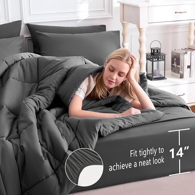 CozyLux California King Comforter Sets Dark Grey, 7 Pieces Cal King Bed in a Bag, All Season Bedding Sets with Stitch Quilted Comforter, Flat Sheet, Fitted Sheet, Pillowcases