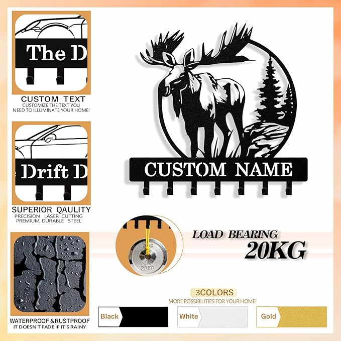 Personalized Deer Key Holder Wall Mount, Custom Metal Keys Hanger for Wall with Name, Custom Key Rack Holder with Hooks for Entryway, Front Door, Hallway, Living Room, Kitchen