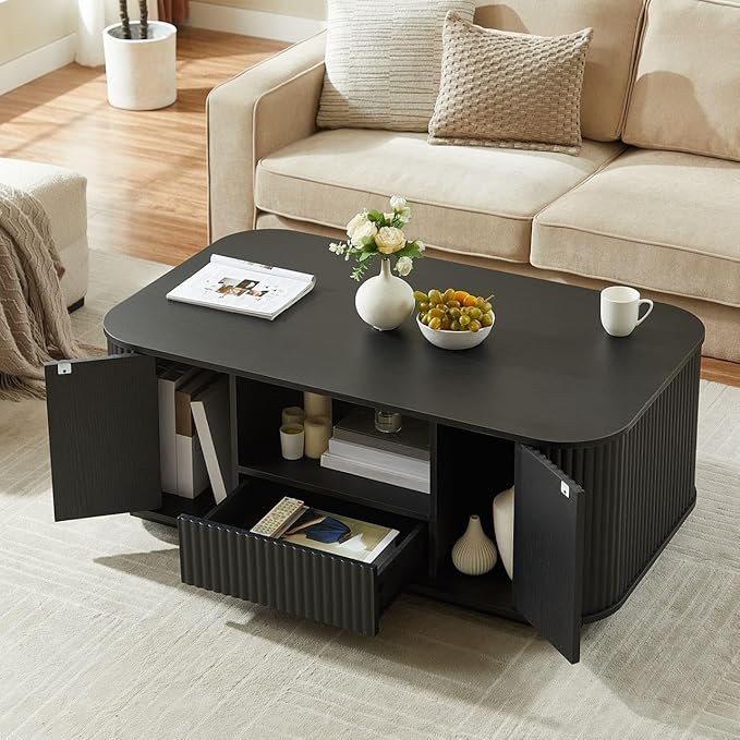 Coffee Table for Living Room, 46.5 Inch Modern Oval Coffee Table with Storage & 2 Drawers, Mid-Century Minimalist Wood Center Table with Hidden Compartments, Adjustable Feet (Natural)