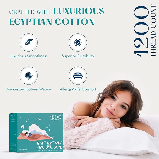 XOOX Linen 100% Egyptian Cotton Queen Sheet Set - Luxury 1200 High Thread Count Egyptian Cotton Sheets Queen Size (4 PC, Burgundy), Silky Soft, Cooling, 17" Deep Pocket Sateen Weave Hotel Bedding