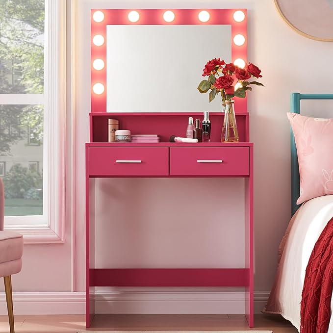 MIRROTOWEL Vanity Desk with Mirror and Lights, Dressing Table with Large Drawer, 2 Level Storage Dresser & 3 Lighting Modes Adjustable Brightness, Suitable for Bedroom