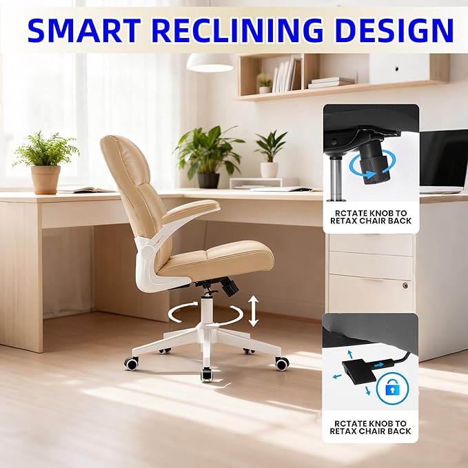 Computer Chair, Ergonomic Home Office Desk Chair with Space Saving Flip-Up Arms, 360° Swivel & Reclining Back, High-Back Executive Chair in Soft Faux Leather Chair Multi-Angle from 90° to 135°