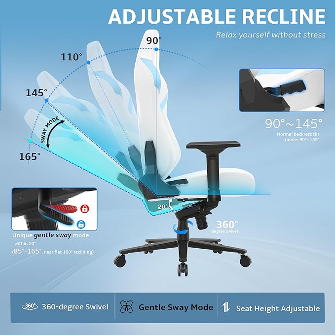 Ergonomic Gaming Chair, Computer Desk Chairs, 4D Armrests, High Back Office Chair with Headrest & Lumbar Pillow, Tilt Rocker Recliner, Heavy-Duty Base, White PU Leather & Blue Suede Combo