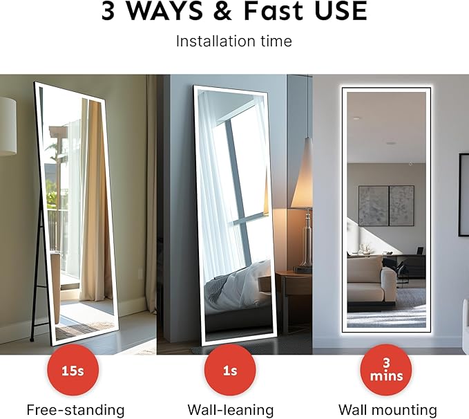 Kosmonia 68x20 Full Length Mirror, Dimmable 3 Color LED Light w/Light Memory, Distortion Free Silver Coating Mirror, HD Reflection &Anti Desilvering,Tempered Glass &Shatter Proof Film Doubles Safety