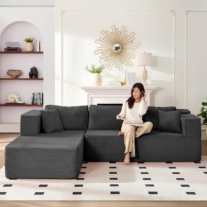 PUREMIND 106" Cloud Sectional Couch for Living Room, Corduroy L Shape Sofa with Deep Seat, Modular Boneless Foam Couch Corner Couches No Assembly Required
