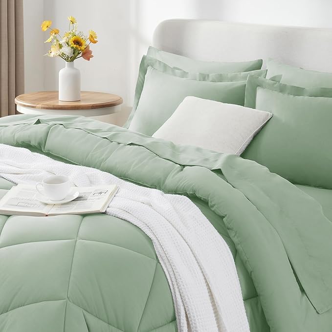 CozyLux King Size Comforter Set Sage Green - 7 Pieces Bed in a Bag King, Luxury Soft Bed Set for All Seasons, Bedding Set with Down Alternative Comforter, Sheets, Pillowcases & Shams