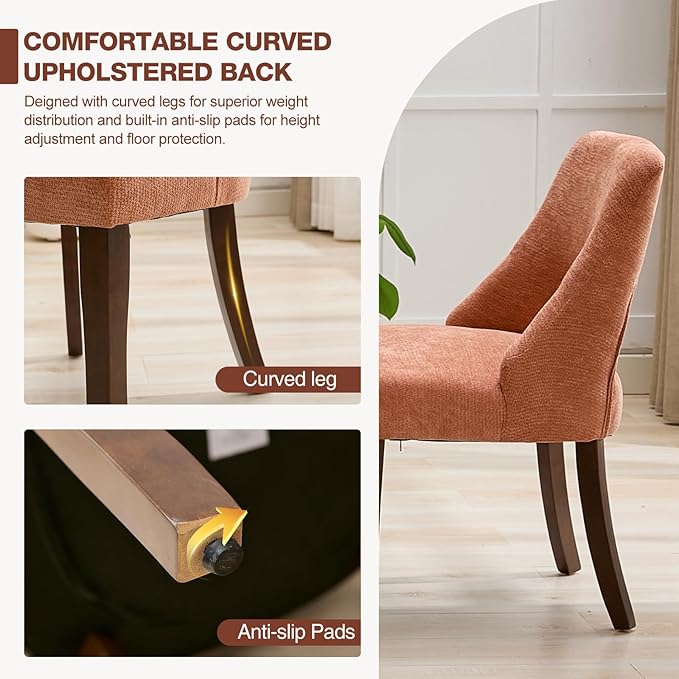 UVV Wooden Dining Chairs Set of 6, Mid Century Modern Upholstered Dining Room Chair Kitchen Chairs, Chenille Dinner Chair with Solid Wood Legs for Kitchen Dining Room, Orange-Chenille