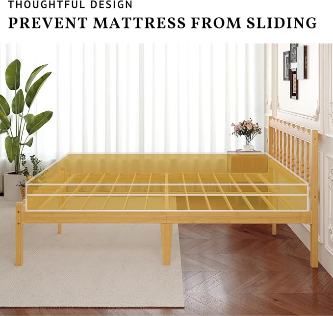 Bamboo King Bed Frame with Headboard, 14 inch Solid Wood Platform Bed Frames King Size with Metal Slats, No Box Spring Needed, Easy Assembly, Noise Free