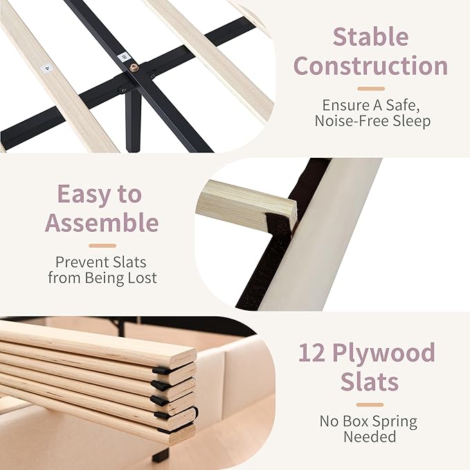 King Size Upholstered Platform Bed Frame with Modern Wingback & Vertical Panel Headboard, Velvet Fabric, Wooden Legs & Slats Support, No Box Spring Needed, Noise-Free & Easy Assembly, Cream