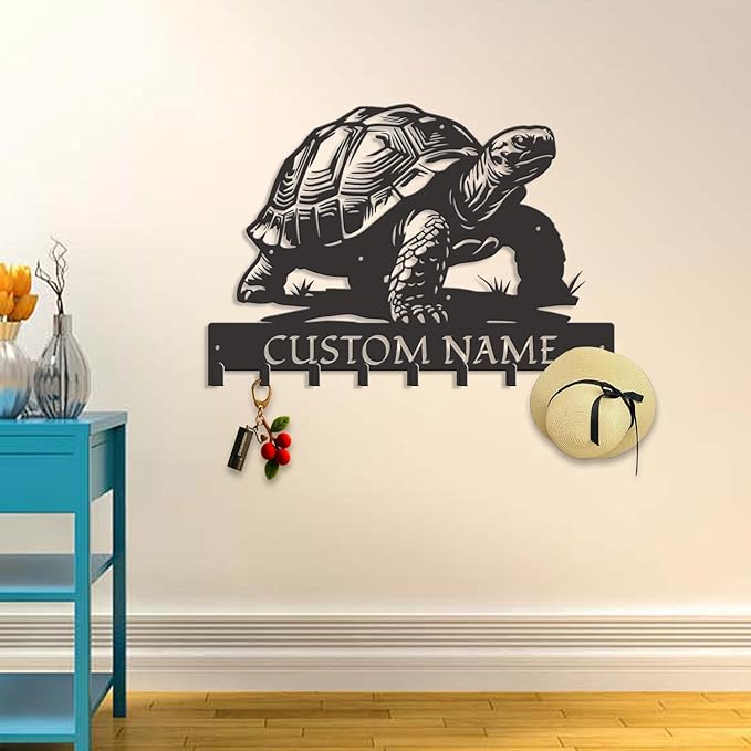 Custom Tortoise Metal Key Holder for Wall, Personalized Family Name Metal Sign with Hooks, Entryway Coat Rack and Organizer for Keys, Leashes, Hats (Style-1)