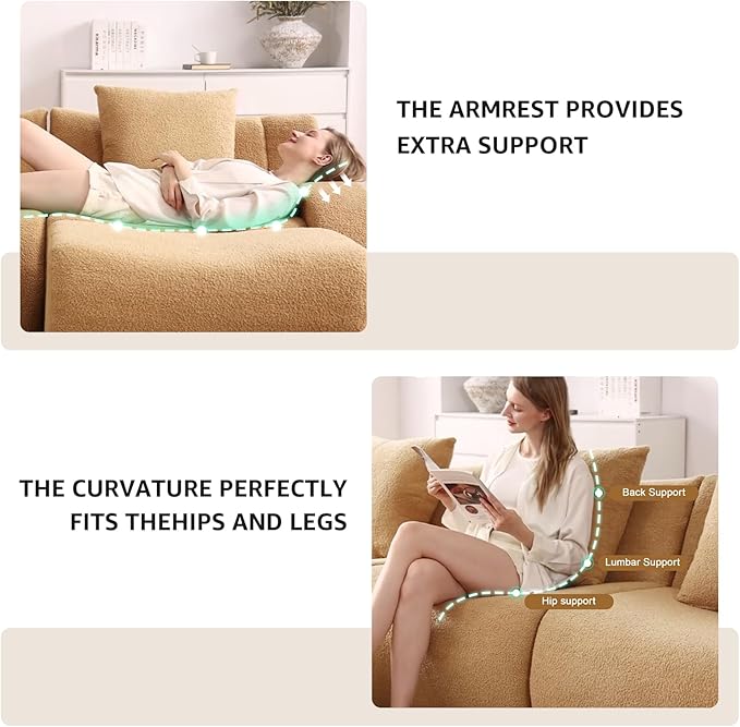 Camel 4-Seater Cloud Couch, Modern Teddy Fabric Boneless Sectional Sofa in a Box for Living Room, Modular Floor Couch, Comfortable Deep Seat, No Assembly Required, Sofas para Sala
