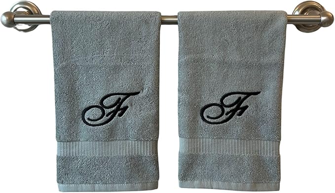 Gray Monogrammed Hand Towels for Bathroom - Luxury Hotel Quality Personalized Initial Embroidered Towel for Powder Room, Spa - GOTS Organic Certified - Set of 2 Black Letter F