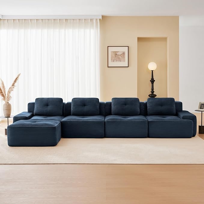 150" Modern Corduroy Cloud Sofa with Ottoman, L Shaped Boneless Modular Large Sectional Couches for Living Room, Blue 4 Seater Compressed Memory Foam Couch, Extra Deep Seat, No Assembly