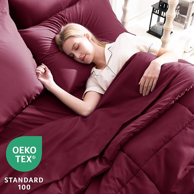 CozyLux Queen Comforter Set Burgundy, 7 Pieces Bed in a Bag, Red Comforter Queen Size, All Season Bedding Sets with Stitch Quilted Comforter, Flat Sheet, Fitted Sheet, Pillowcases