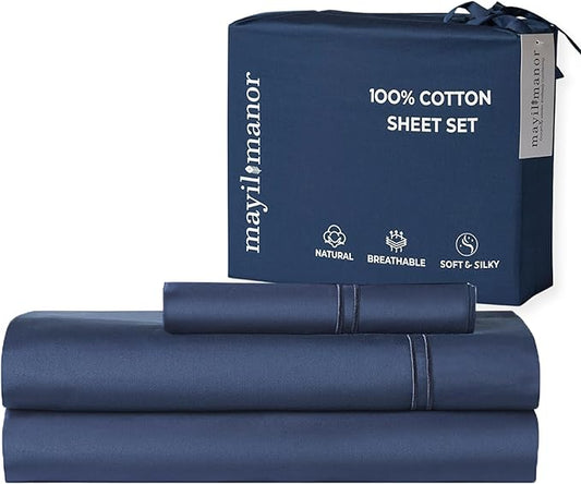 100% Natural Cotton Bed Sheets | 500 TC Single-Ply Sateen Weave Twin XL Sheets | Breathable, Hypoallergenic Solid 3-Piece Bedding with Deep Pocket Fitted, Flat, Pillowcase | Navy Blue