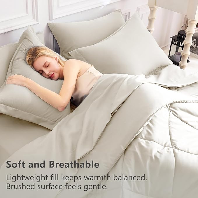 CozyLux Full Size Comforter Sets Oatmeal - 7 Pieces Bed in a Bag Full, Luxury Soft Bed Set for All Seasons, Bedding Set with Down Alternative Comforter, Sheets, Pillowcases & Shams