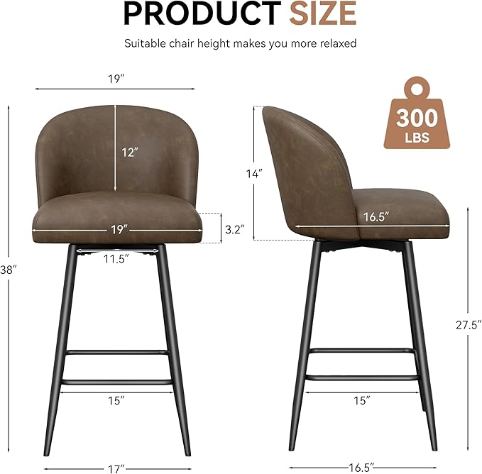 Counter Height Bar Stools Set of 2,360° Swivel Barstools with High Back and Metal Legs,26" Seat Height, Upholstered PU Leather Bar Chairs for Kitchen Island, Dining Room,Cafes,Dark Brown