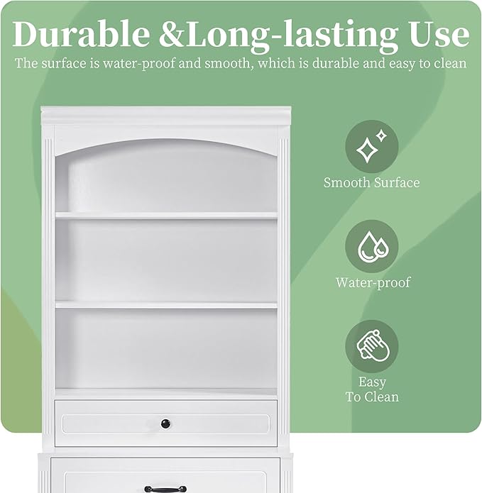 Tall Cabinet with 2 Drawers and Doors, Multi-Functional Storage Unit Set/Bookcase, Kitchen Cabinets, Pantry Cupboard for Living Room/Home Office/Bathroom, White