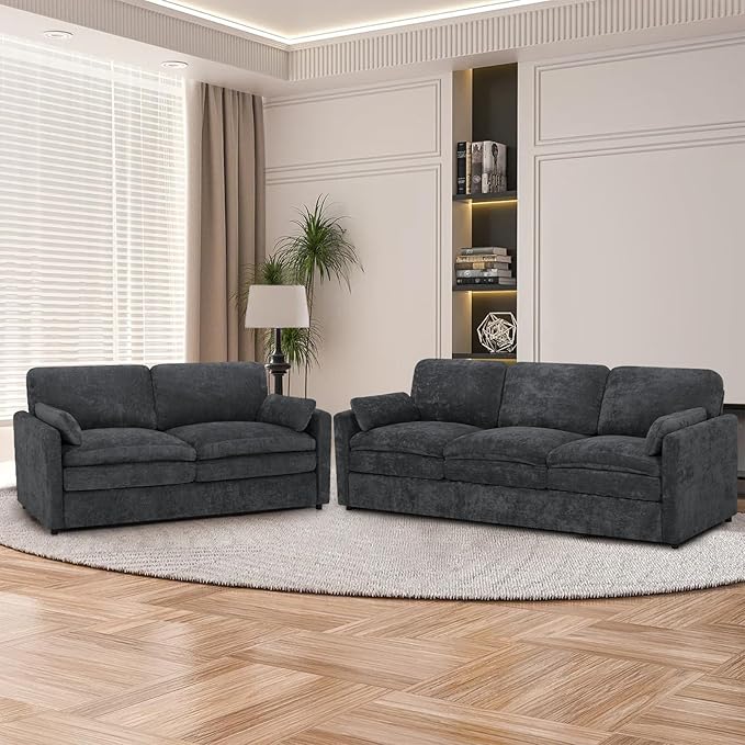 2 Pieces Chenille Sofa Set w/Throw Pillows, Upholstered Loveseat & 3 Seater Sofa w/Comfortable Back Cushions, Modern 2-Seat & 3-Seat w/High-Density Foam for Living Room, Apartment, Grey