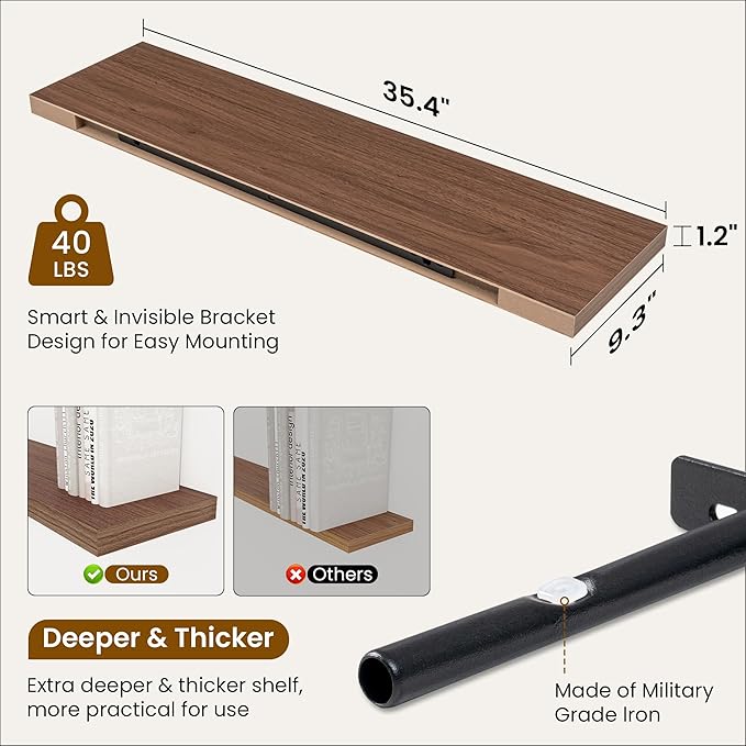 Fun Memories 36 Inch Floating Shelves, 9.3 Inch Deep Rustic Wall Shelves - Extra Deeper Wall Mounted Storage Shelves for Bathroom, Kitchen, Living Room (Walnut, Set of 2)