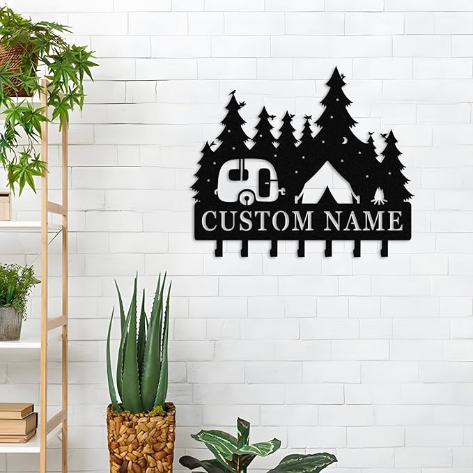 Personalised Metal Key Rack Hooks,Camp Theme Key Holder with Name,Custom Key Holder for Wall,Home Sweet Home Decor,Housewarming Gift Camp 2