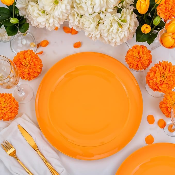 PULOTE 100PCS Orange Plastic Plates - Premium Hard Orange Disposable Include 50 Each(10.25 Inch Dinner & 7.5 Inch Dessert) Plates, Ideal for Party