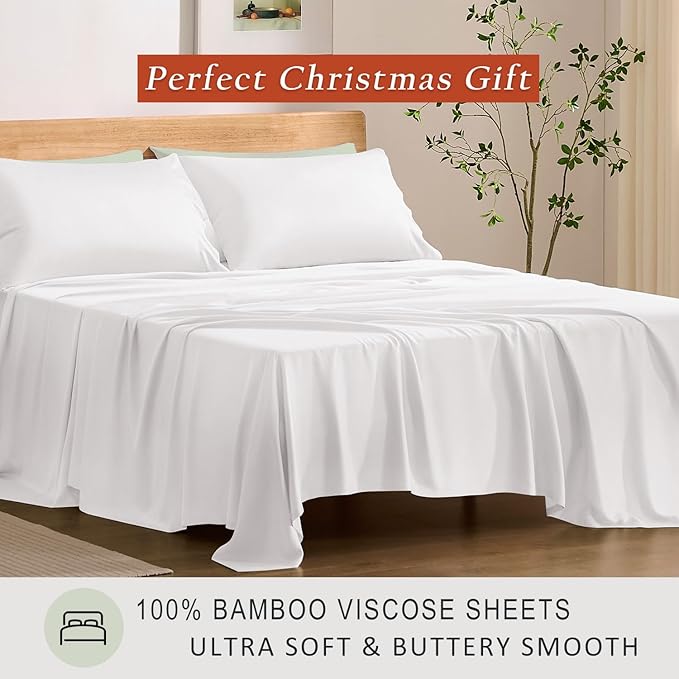 TOSMO Luxury Cooling Sheet Set - 100% Viscose from Bamboo, 3-Piece Bedding Set (Twin Size) - 18” Extra Deep Pockets, Oeko-Tex Certified, Silky Soft and Breathable, Classic White