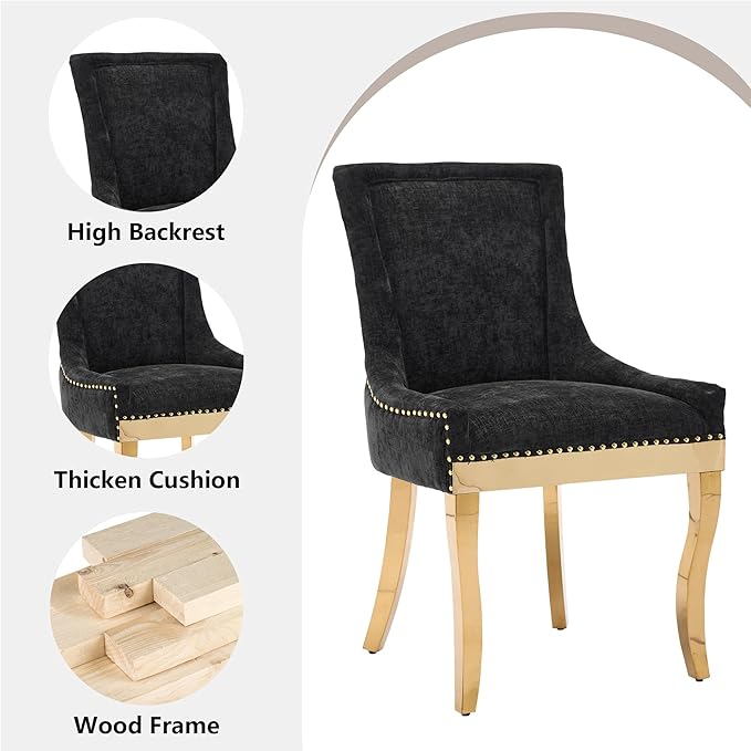 Luxury Fabirc Upholstered Dining Chairs Set of 6,Neutral Chenille Kitchen Room Chair with Nailhead Trim,6 Piece Modern Side Chairs for Dining Room,Living Room,Bar (Black-Gold, Set of 6)