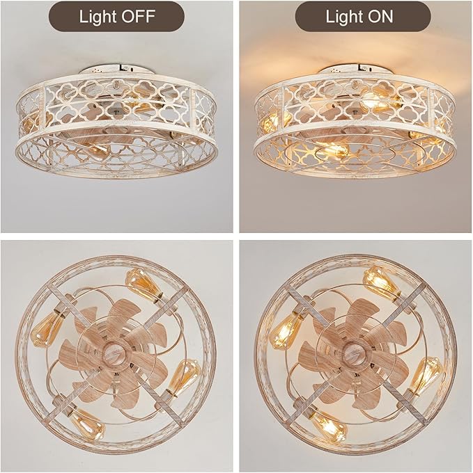 Farmhouse Ceiling Fans with Lights Remote Control,6 Speed Reversible Flush Mount Low Profile Rustic Antique White Ceiling Fan with Light,Boho Bladeless Country Caged Ceiling Light Fixture