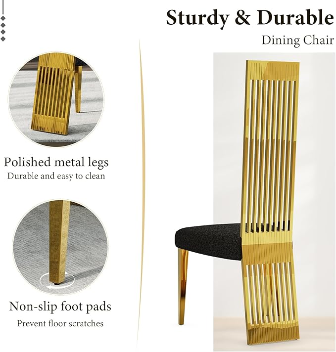Dining Chairs Set of 2, Black and Gold Dining Room Chairs, Upholstered Dining Chairs with Polished Metal Legs and High Back