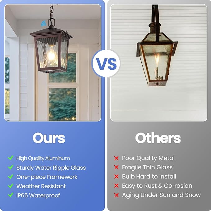 Outdoor Pendant Light, Brown Outdoor Porch Light fixtures with Dusk to Dawn Sensor, Coffee Exterior Hanging Lantern Height Adjustable Outside Chandelier with Water Glass for House Patio Garage