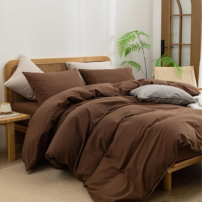 BESTOUCH Duvet Cover Set 100% Washed Cotton Linen Feel Super Soft Comfortable Chic Lightweight 3 PCs Home Bedding Set Solid Cocoa Brown King