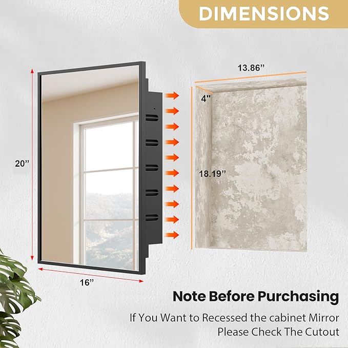 Recessed Medicine Cabinet with Mirror 16x20 inch, Mirrored Medicine Cabinets for Bathroom, Black Bathroom Mirror with Storage, Metal Medicine Cabinet with Mirror, 2 Adjustable Metal Shelves