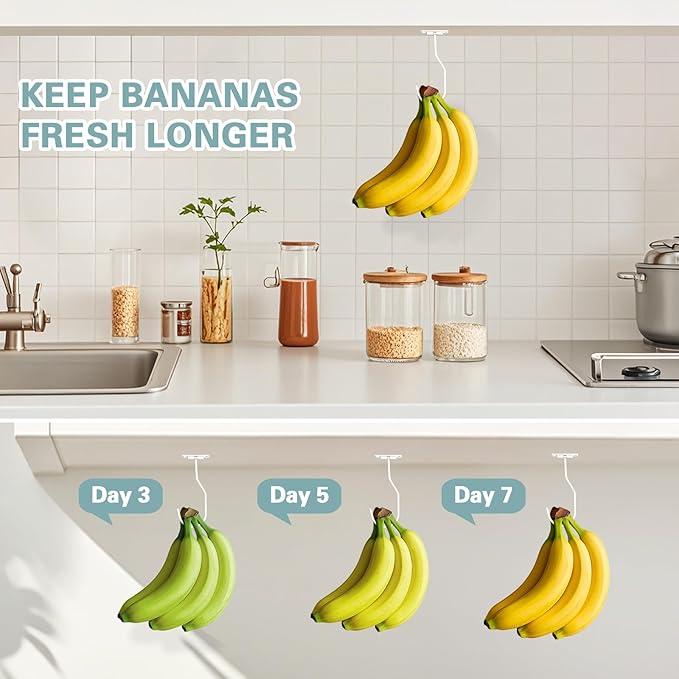 Banana Hanger Hook – Space Saving Banana Holder Hanger to Keep Bananas Fresh, Self Adhesive and Screw Banana Hook 3Pack White
