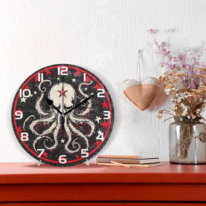 Bolaz Wall Clocks Decorative Bedroom Silent Living Room Desktop Octopus Star Tabletop Shelf Clocks Round Battery Operated 10 Inch Non-Ticking