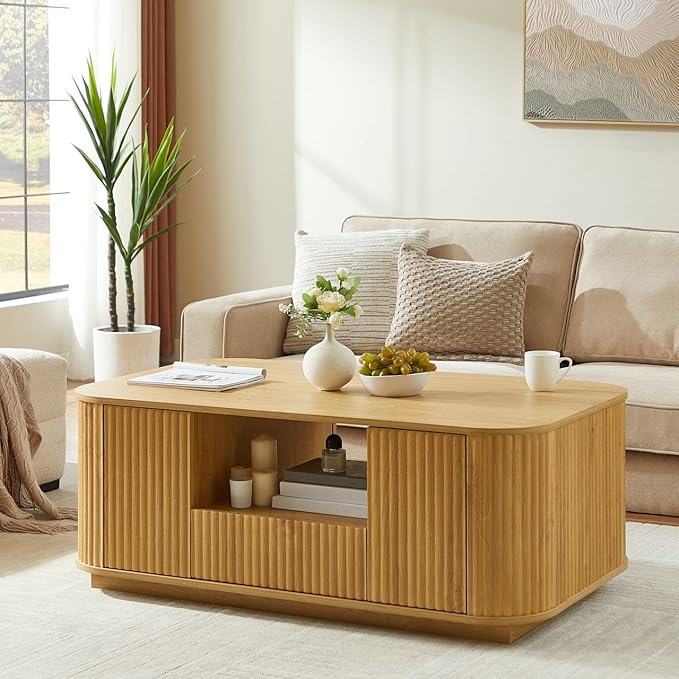 Coffee Table for Living Room, 46.5 Inch Modern Oval Coffee Table with Storage & 2 Drawers, Mid-Century Minimalist Wood Center Table with Hidden Compartments, Adjustable Feet (Black)