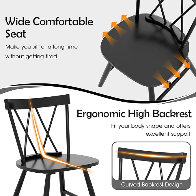 Giantex Windsor Dining Chairs Set of 4, Farmhouse Wooden Kitchen Chairs w/Cross Back, Wide Seat, Rubber Wood Frame, Armless Side Chairs for Kitchen, Dining Room, Living Room, Restaurant, Black