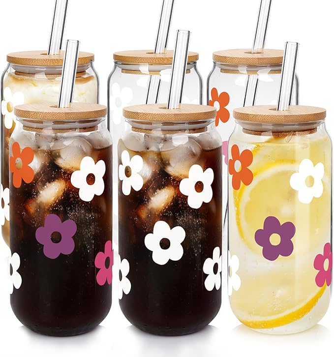 Mason Life Glass Cups with Lids and Straws, 20OZ Can Shaped Glass Cups, Drinking Glasses, Iced Coffee Glasses Cup, Reusable Smoothie Iced Coffee Drinking Cup - Set of 6