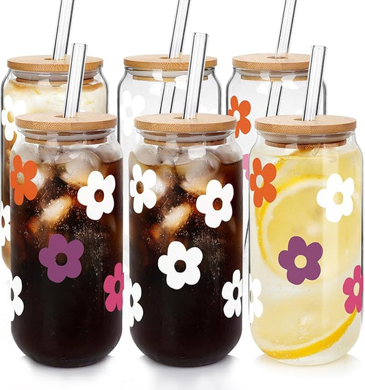 Mason Life Glass Cups with Lids and Straws, 20OZ Can Shaped Glass Cups, Drinking Glasses, Iced Coffee Glasses Cup, Reusable Smoothie Iced Coffee Drinking Cup - Set of 6