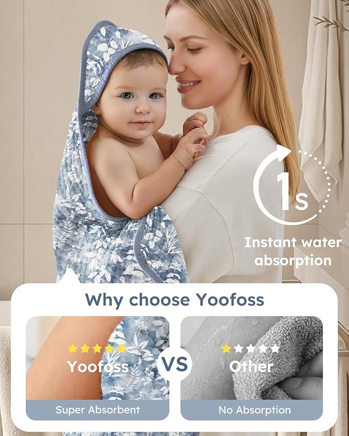 Yoofoss Hooded Baby Towels for Newborn 2 Pack 100% Muslin Organic Cotton Baby Bath Towel with Hood for Babies, Infant, Toddler and Kids, Large 32x32Inch, Soft and Absorbent Newborn Essential