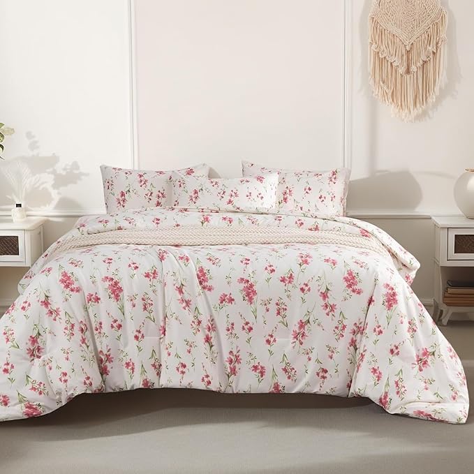 EAVD Pink Floral Comforter Set Queen Soft Microfiber Chic Shabby Garden Pink Floral Bedding Queen Comforter Set with 2 Pillowcases Fresh Botanical Comforter Set for All-Season