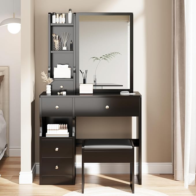 Small Makeup Vanity Desk with Storage Drawer, Compact Vanity Table Set with Mirror and Drawers, Solid Dressing Table Set with Chair, Compact Space Storage Shelves for Bedroom, Black