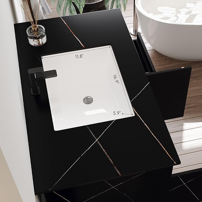 Goujxcy 35.4" Wall Mounted Bathroom Vanity with Sink, Modern Floating Bathroom Cabinet with Ceramic Sink & 2 Drawers, Wood Hanging Bath Room Cabinet with Soft-Close System (Black)