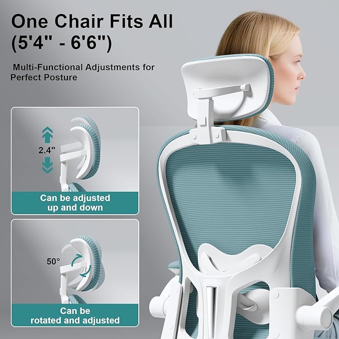 Ergonomic Office Chair with Adjustable Lumbar Support and Headrest, High Back Mesh Desk Chair for Home Office,Flip-Up Arms 90-120° Tilt Lock Rolling Swivel Task Chairs (White-Blue6065)