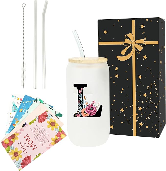 Monogrammed Glass Drinking Cup With Lid Straw Personalized Customized Post Cards Women Lady Boss Gifts Coworker Colleague Manager Team Member Employee Birthday Farewell Leaving Retirement Christmas,L