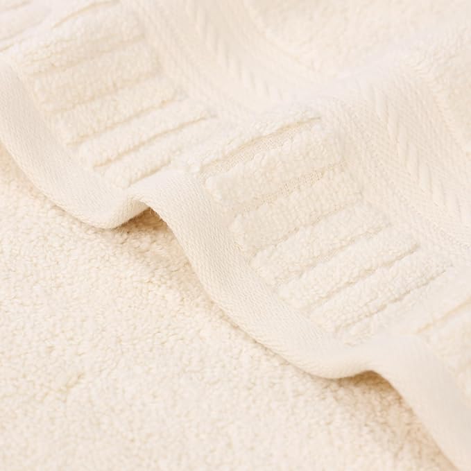 Superior Venice Zero Twist Cotton Medium Weight Towels, for Guest Bath, Bathroom, Shower, Spa, Plush Towels, Bath Essentials, Ribbed Textured Border, Bath Towels, Set of 2, Ivory