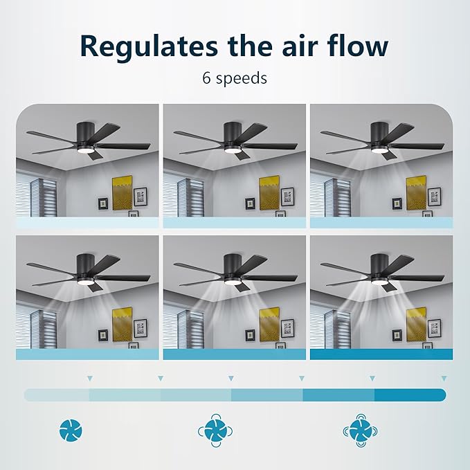 ELEHINSER 52 inch Low Profile Ceiling Fan with Light, 5 Solid Wood Blades, 6-Speeds, Quiet DC Motor, Timer, Flush Mount Modern Ceiling Fan with Remote for Living Room Bedroom, Black