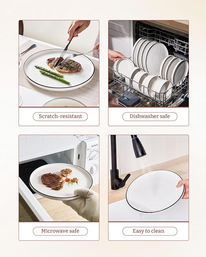 Famiware Porcelain Dinnerware Set, 18-Piece Modern Plate and Bowl Set, dish set for 6, Microwave and Dishwasher Safe Tableware, White with Black Trim
