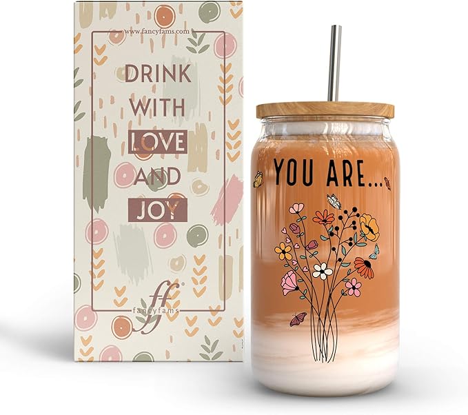 Fancyfams 16 oz Glass Drinking Cup with Bamboo Lid, and Straw, Women of the Bible Drink Cup, Christian, Religious, Mothers Day, Birthday Gifts for Women, Affirmation, Jesus Coffee Jar (You Are)
